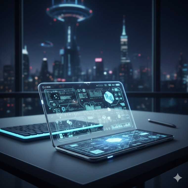 Foldable futuristic phone on a desk