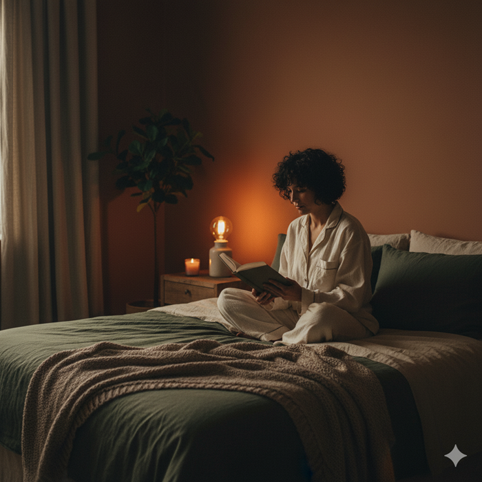 Person reading a book before bed